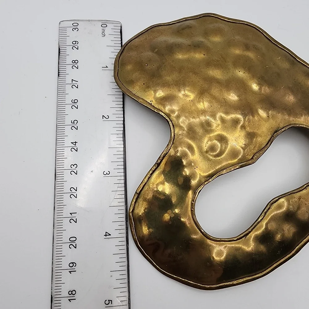 Vintage Artisan Hammered Brass Heart Scarf Clip Slide Brutalist Belt Buckle Pair